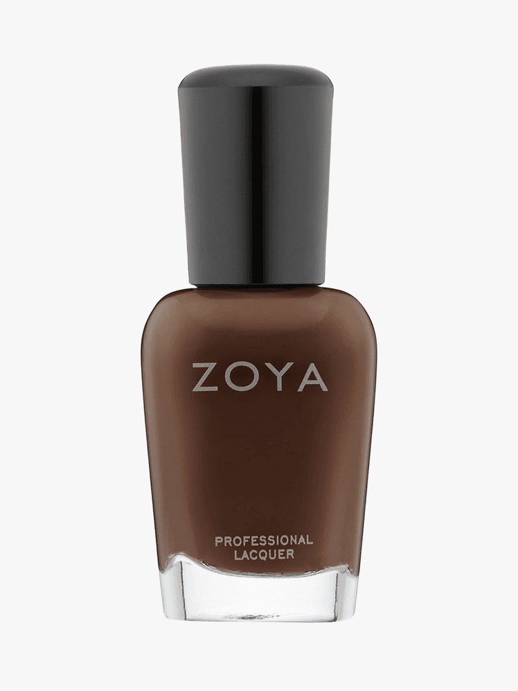 Zoya brown nail polish in a clear bottle with a black cap and white lettering on a grey background